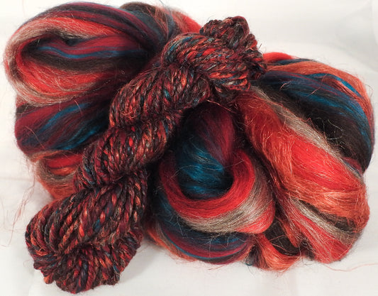 Sun-dried Tomatoes - Custom Blended Top- Corriedale/ Superfine Merino/ Mulberry and Peduncle Silk/ FLAX (40/25/25/10) - Inglenook Fibers