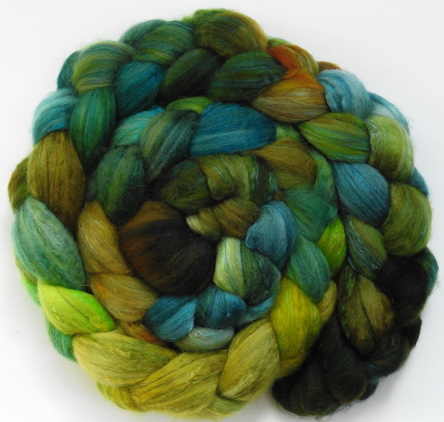 Pesto (7 oz) - Batt in a Braid #5- Merino/ Camel/ silk/ faux cashmere/ firestar (25/25/25/12/12)