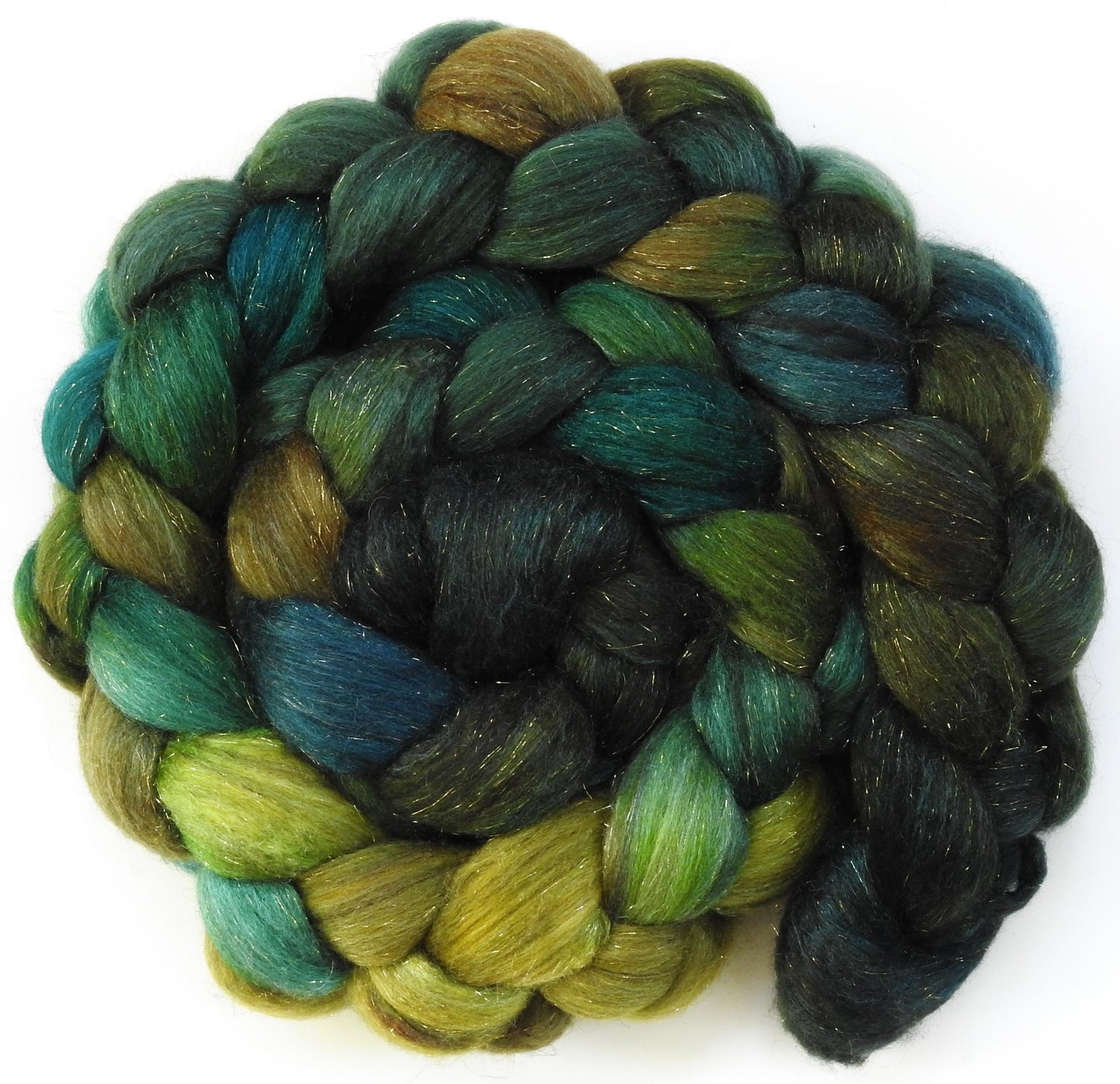 Pesto - (5 oz) Batt in a Braid #53- YAK/ Tussah silk/ Superfine Merino/Gold Stellina(30/30/30/10)