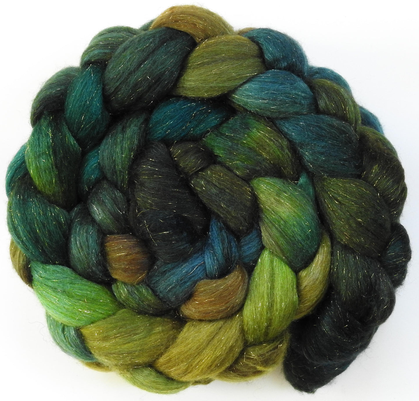 Pesto - (5 oz) Batt in a Braid #53- YAK/ Tussah silk/ Superfine Merino/Gold Stellina(30/30/30/10)