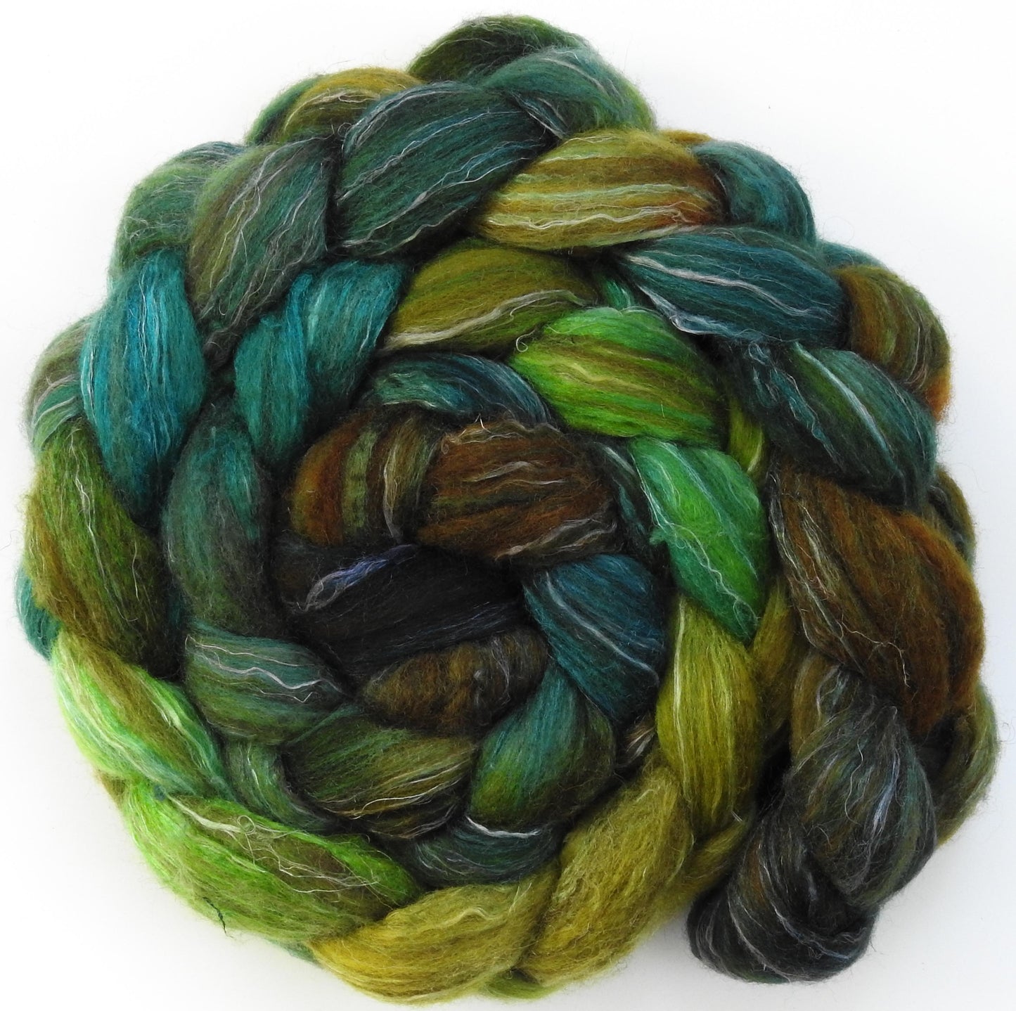 Pesto (7.2 oz) - Batt in a Braid #32 - Manx Loaghtan/ Wht Bfl / Tussah Silk/ Flax( 30/30/30/10)