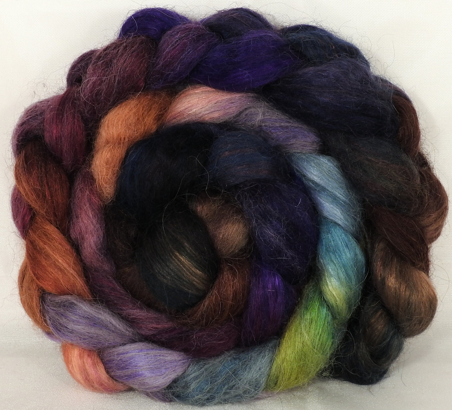 Hand-dyed wensleydale/ mulberry silk roving ( 65/35) -Brocade - ( 6.3 oz.) - Inglenook Fibers