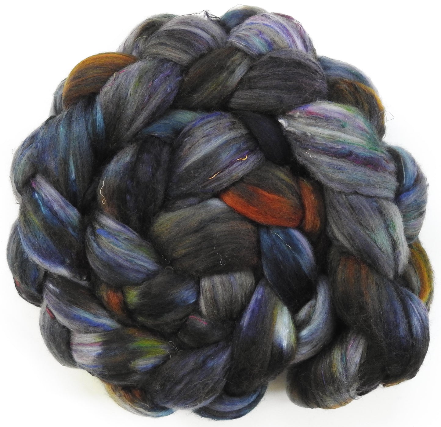 Nuts & Bolts (5.9 oz)- Fusion Series - Batt in a Braid #39 -Falkland Merino/ Mulberry Silk / Sari Silk (50/25/25)