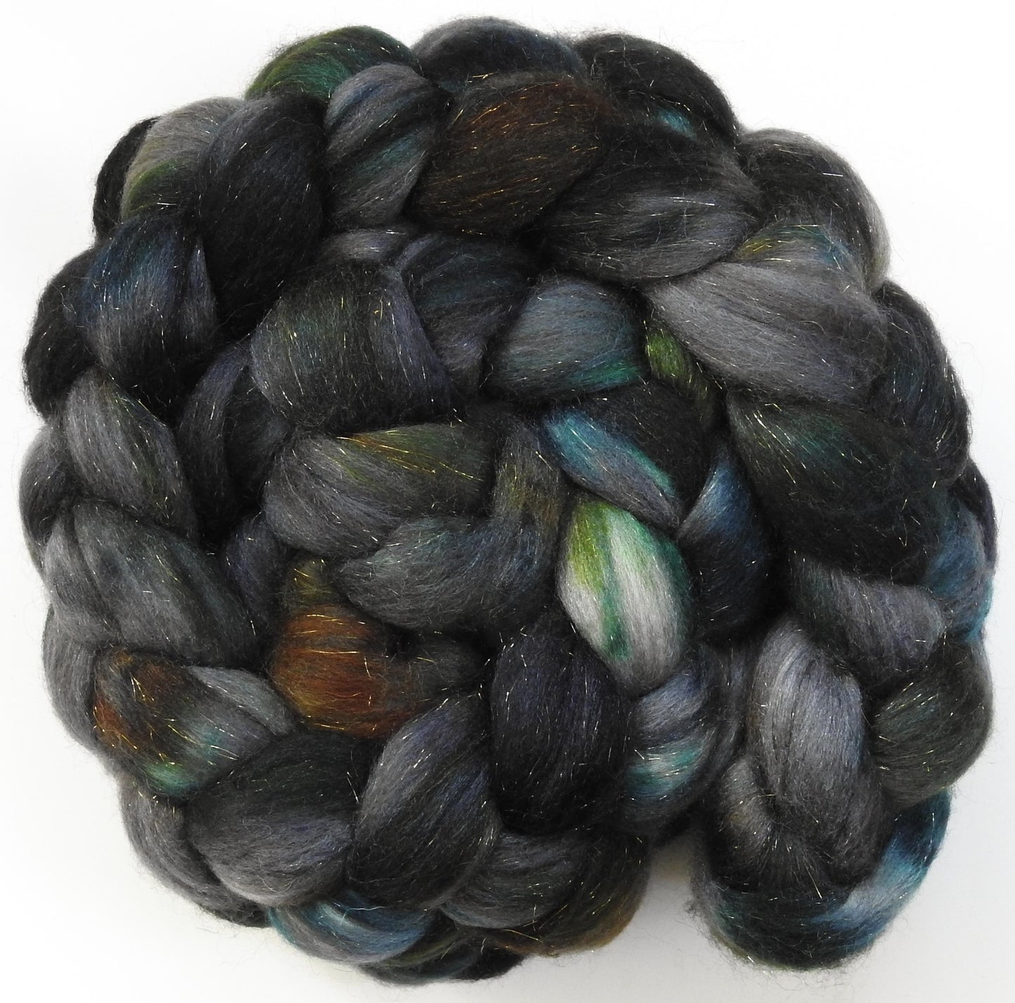 Nuts & Bolts -(5.2 oz)Fusion Series-  Batt in a Braid #53- YAK/ Tussah silk/ Superfine Merino/Gold Stellina(30/30/30/10)