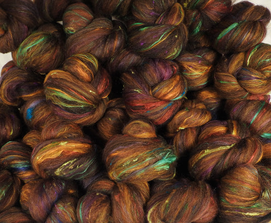 Fruitcake - Sticklebatts (4 oz.) - 30% Romney fleece; rambouillet, merino, silk, bamboo, silk noil - Inglenook Fibers