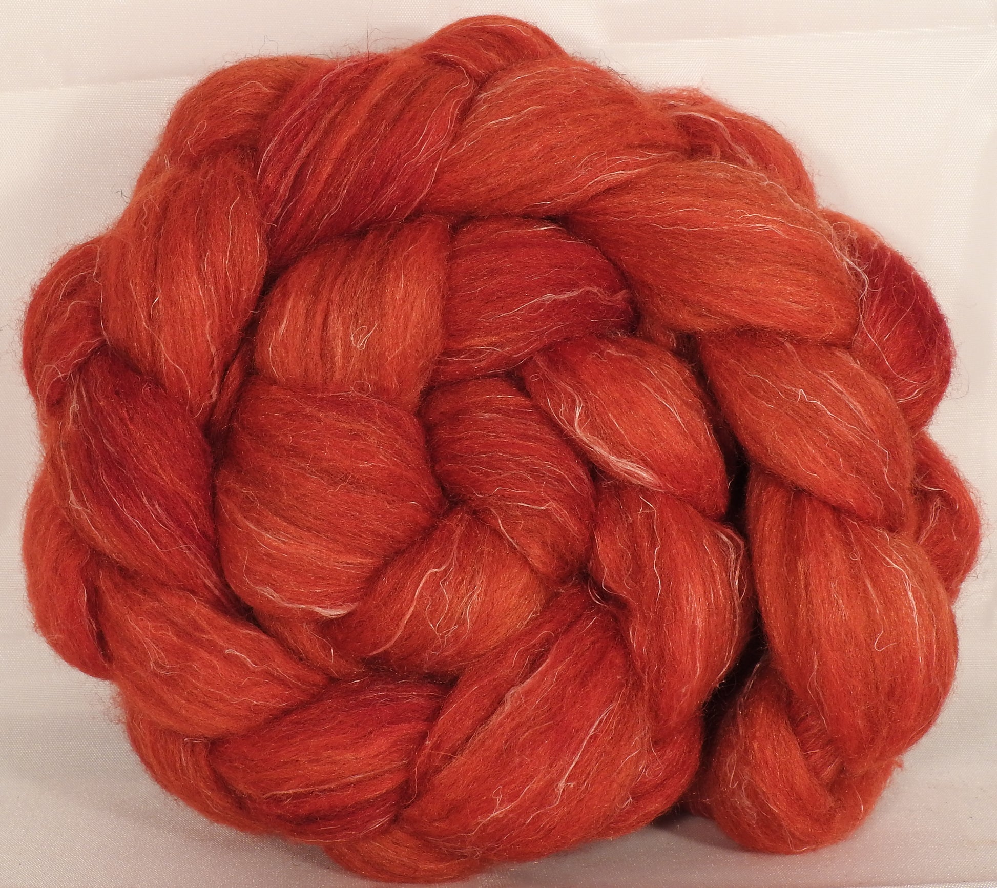 Batt in a Braid #38 - Holly Berry - (5.4 oz.)Shetland/ Falkland Merino / tussah silk/ flax (40/25/25/10) - Inglenook Fibers