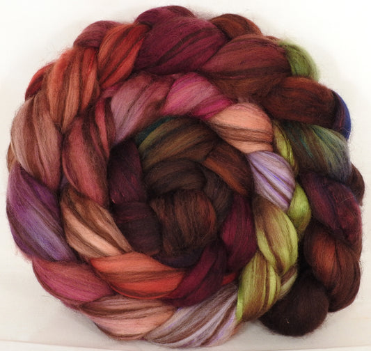 Hand dyed top for spinning - Plum Pudding - 18.5 mic merino/ camel/ brown alpaca/ mulberry silk/ (40/20/20/20) - Inglenook Fibers