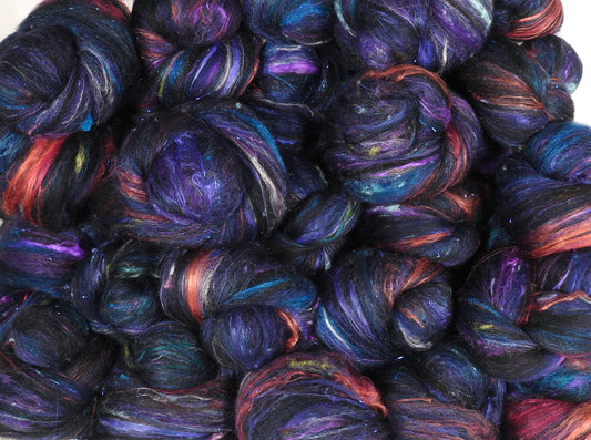 Longest Night - Sticklebatts - 30% Rambouillet X fleece; merino, silk, rambouillet top, bamboo, silk noil, (angelina in sparkle ones) - Inglenook Fibers