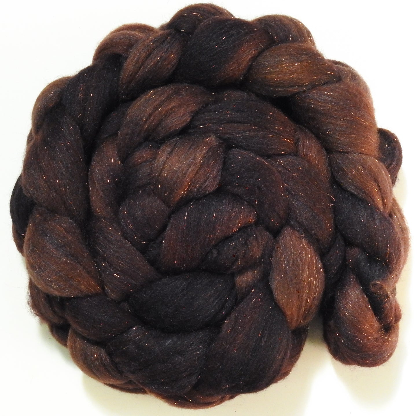 Dark Chocolate -(5.3 oz)  Batt in a Braid #58-Superfine Merino/ Tussah silk/ Gold Stellina(65/25/10)