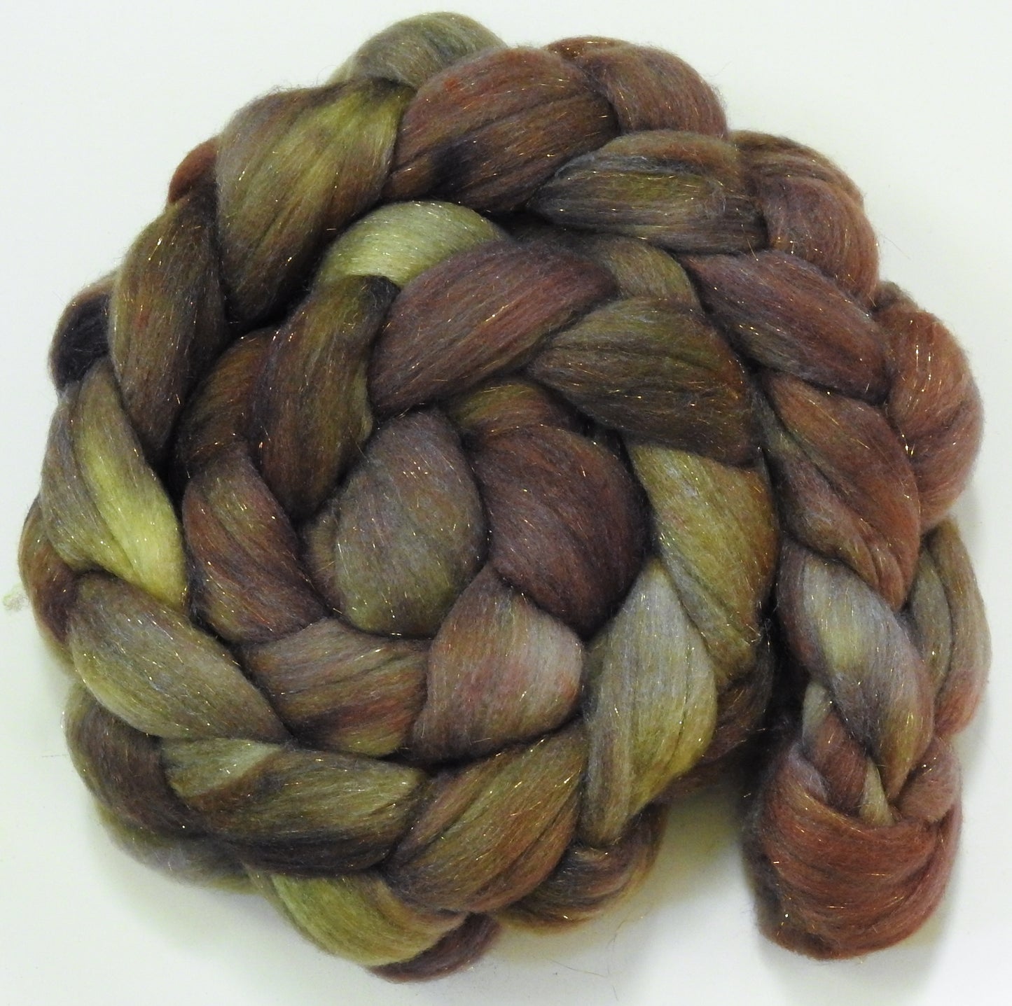 Driftwood -(5.3 oz)  Batt in a Braid #58-Superfine Merino/ Tussah silk/ Gold Stellina(65/25/10)