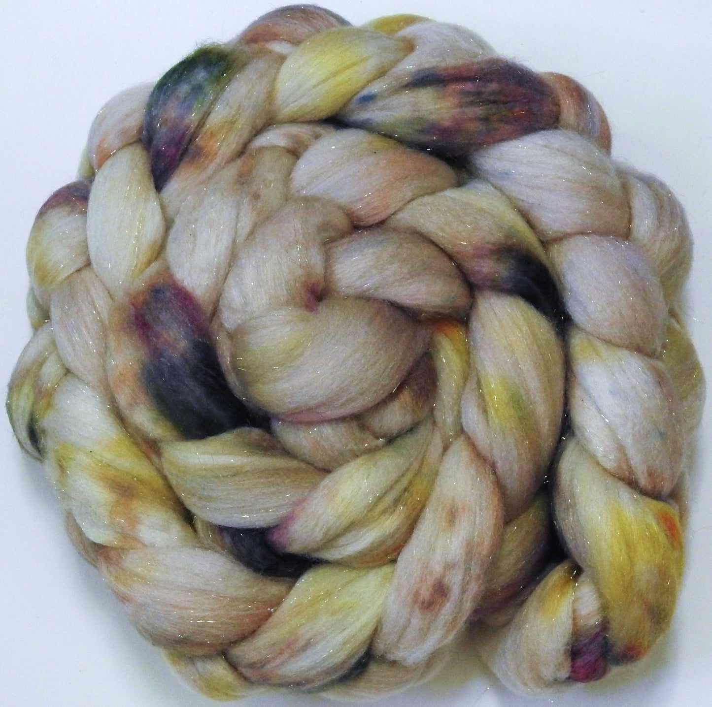 Meringue -(5.1 oz)  Batt in a Braid #58-Superfine Merino/ Tussah silk/ Gold Stellina(65/25/10)