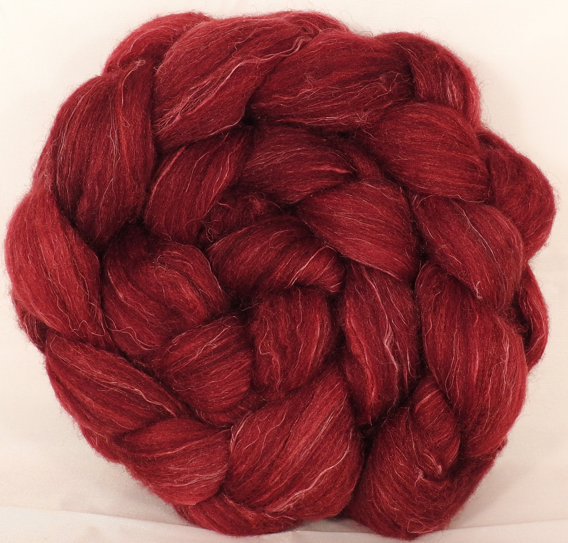 Batt in a Braid #38 - Crimson- (5.6 oz.) Shetland/ Falkland Merino / tussah silk/ flax (40/25/25/10) - Inglenook Fibers