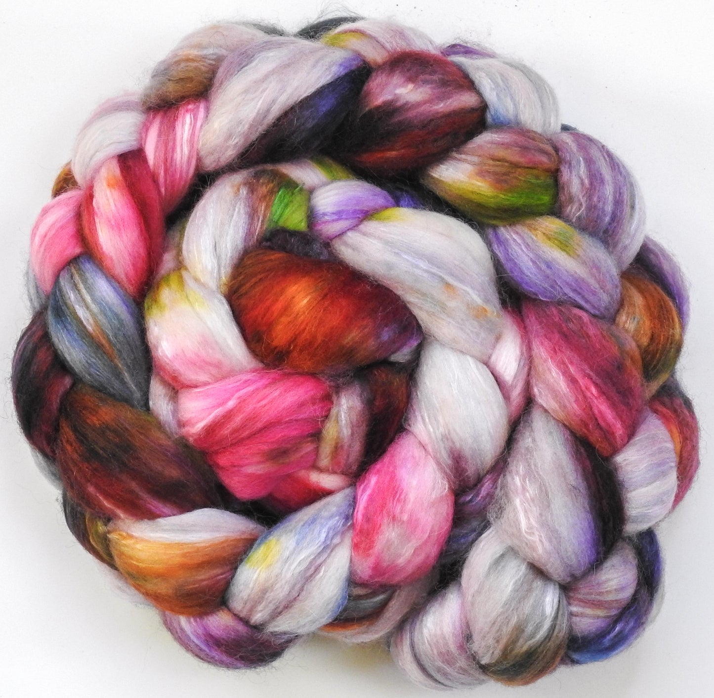 Crocus Pageant (5.6 oz) -Fusion Series- Batt in a Braid #5- Merino/ Camel/ silk/ faux cashmere/ firestar (25/25/25/12/12)