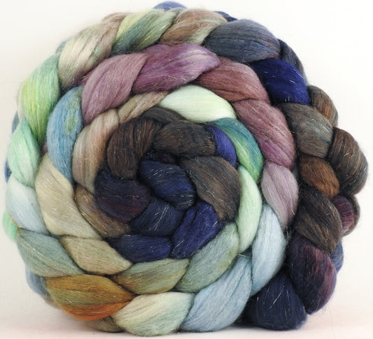 Batt in a Braid #48 -Downpour -(5.2 oz.) Superfine Merino/ Mulberry silk/ Camel/ Gold Stellina (55/25/15/5)