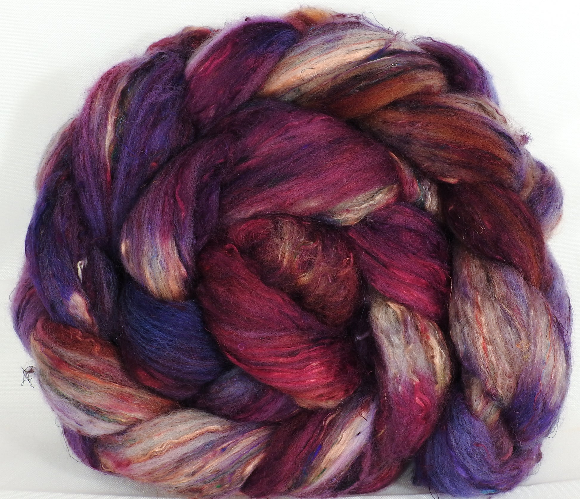 Batt in a Braid #39-SARI- 2 -(5.4 oz.)Falkland Merino/ Mulberry Silk / Sari Silk (50/25/25) - Inglenook Fibers