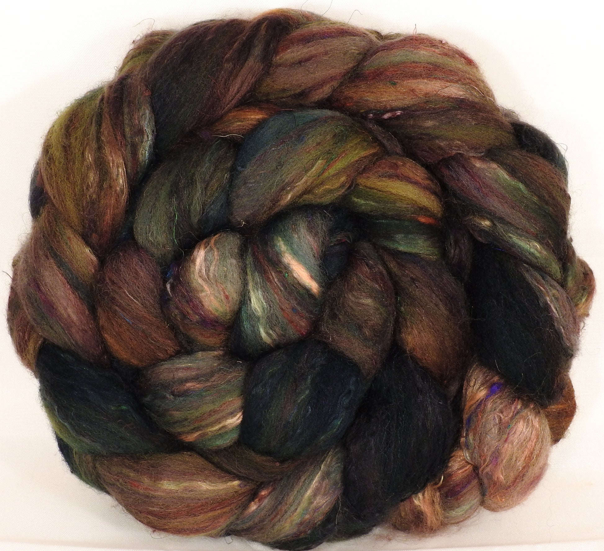 Batt in a Braid #39-SARI- 12 -(5.3 oz.)Falkland Merino/ Mulberry Silk / Sari Silk (50/25/25) - Inglenook Fibers