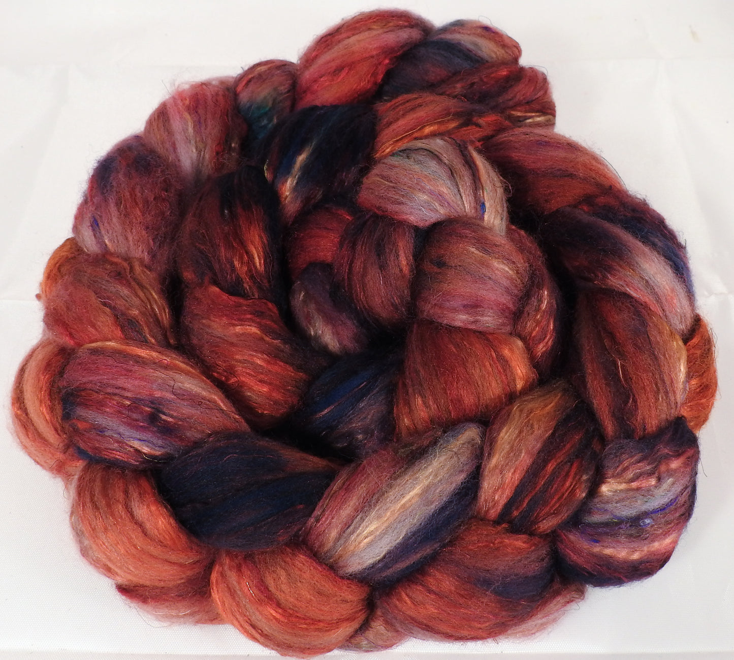 Batt in a Braid #39-SARI- 6 -(5.4 oz.)Falkland Merino/ Mulberry Silk / Sari Silk (50/25/25) - Inglenook Fibers