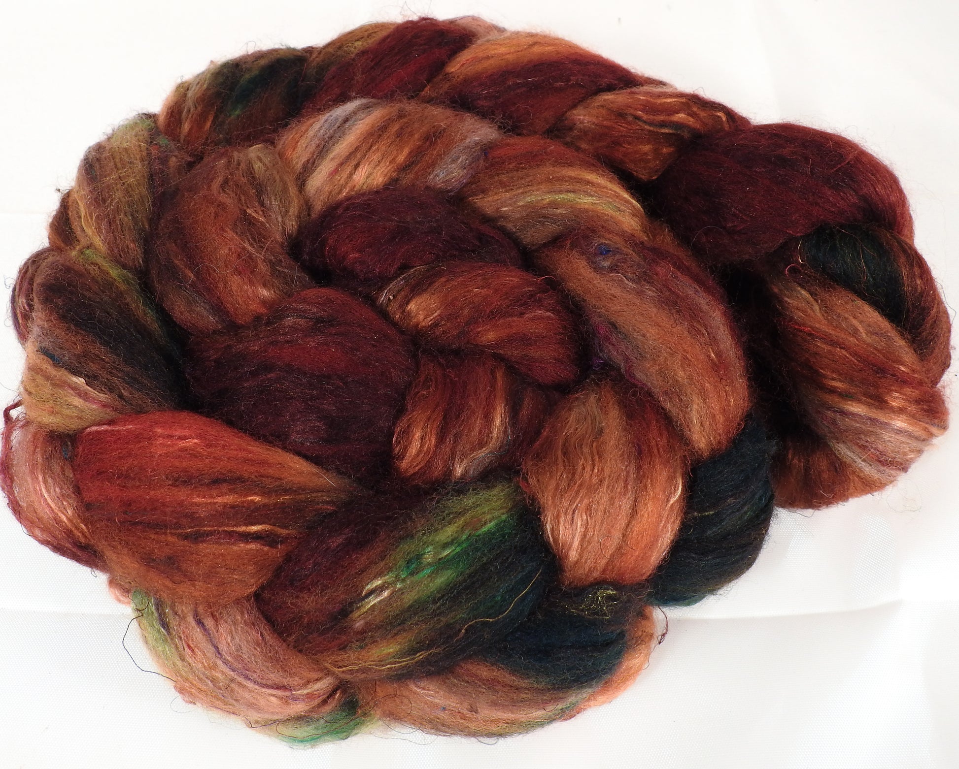 Batt in a Braid #39-SARI- 5 -(4.7 oz.)Falkland Merino/ Mulberry Silk / Sari Silk (50/25/25) - Inglenook Fibers
