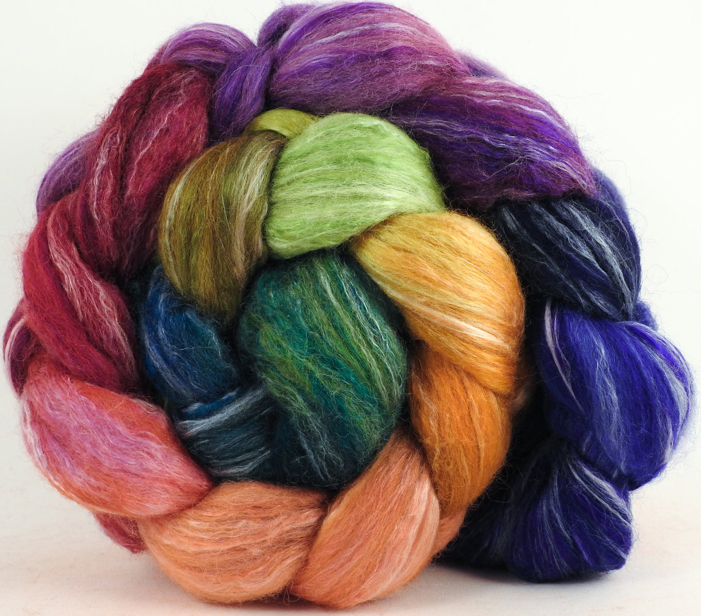 Batt in a Braid #45 -Yarn Bombing- Corriedale/Mulberry Silk/Rose Fiber (60/20/20)