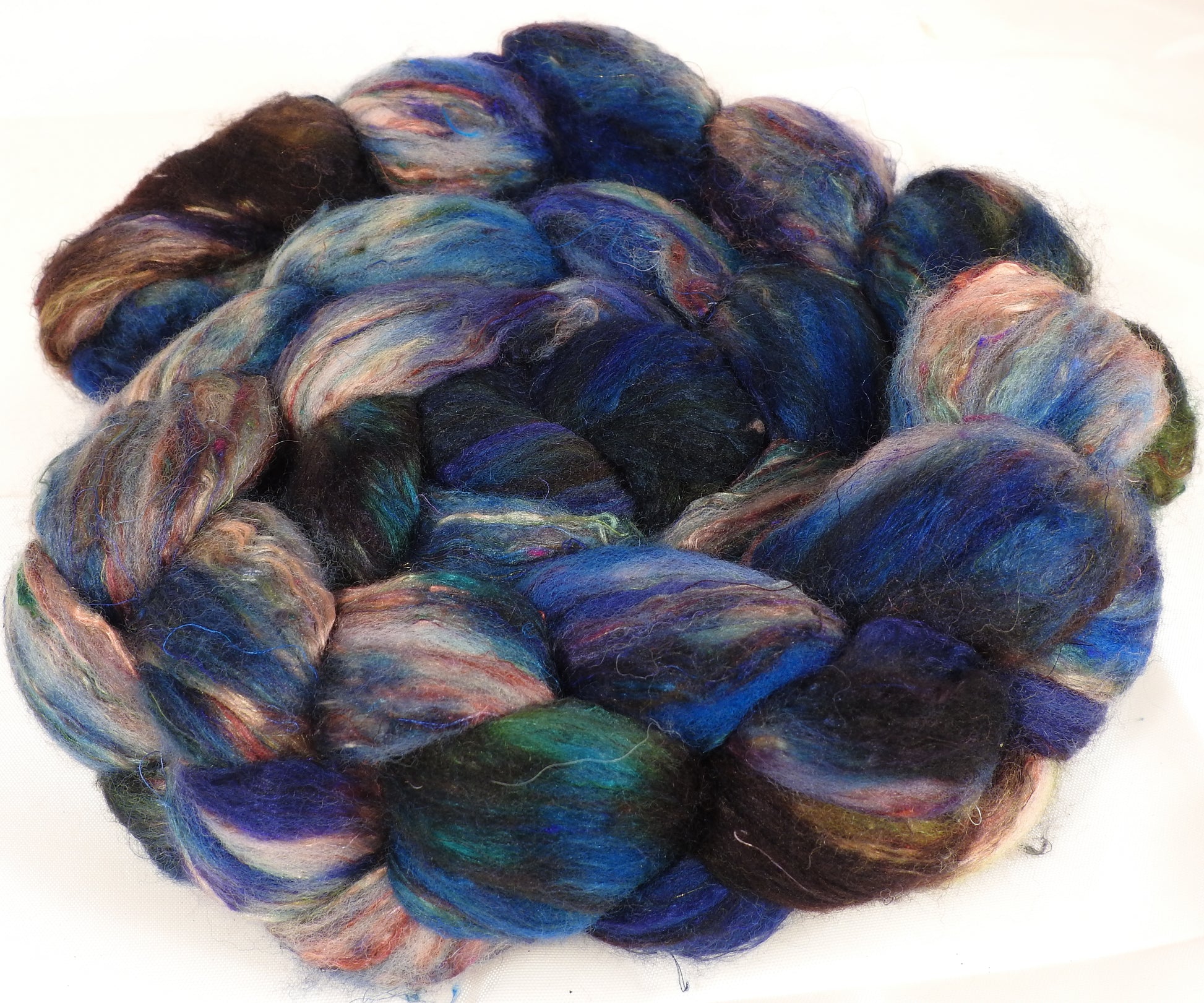 Batt in a Braid #39-SARI- 16 -(5.5 oz.)Falkland Merino/ Mulberry Silk / Sari Silk (50/25/25) - Inglenook Fibers