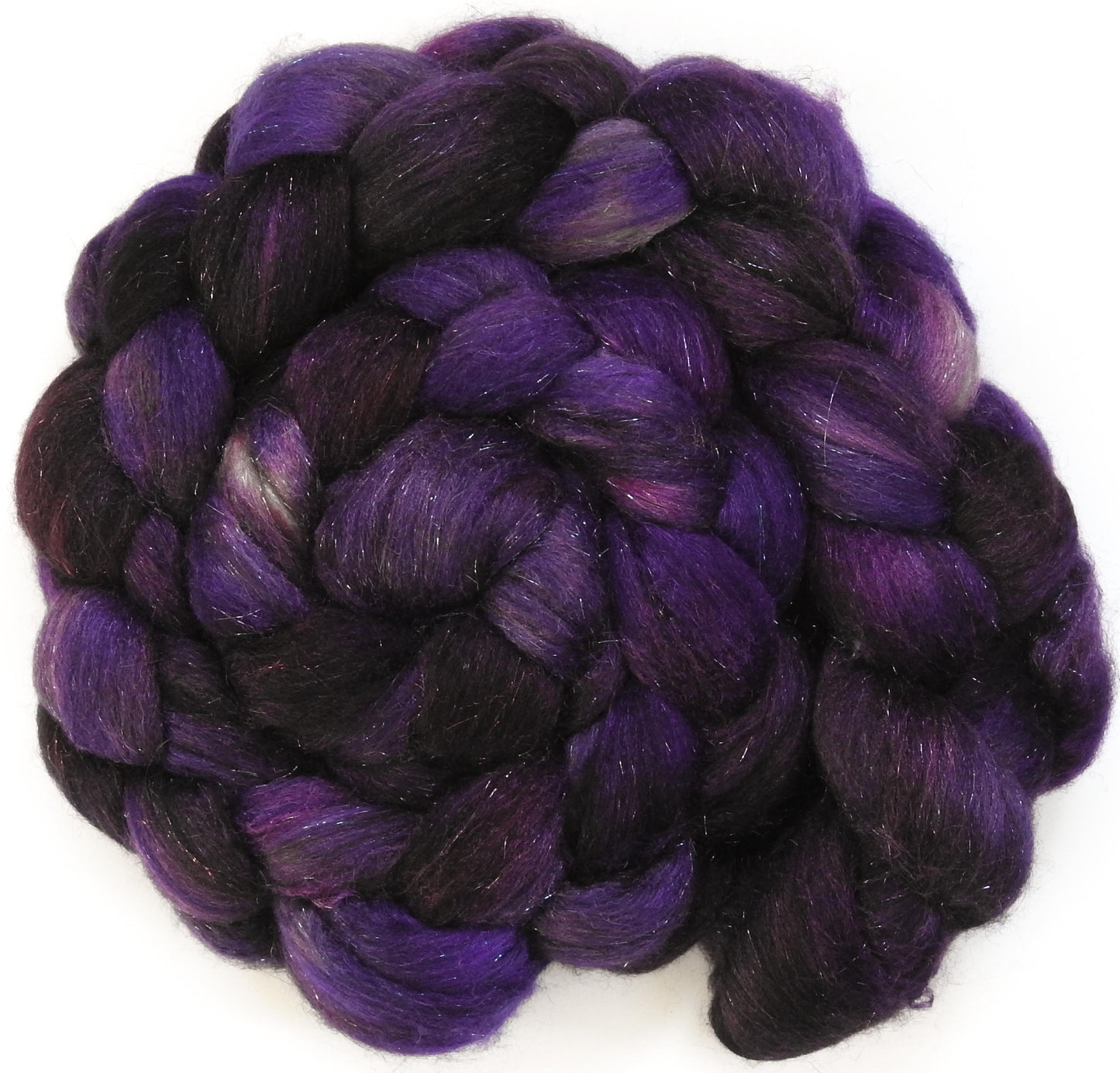 Queen of the Night (5.3 oz) -Glazed Solid- Batt in a Braid #53- YAK/ Tussah silk/ Superfine Merino/Gold Stellina(30/30/30/10)