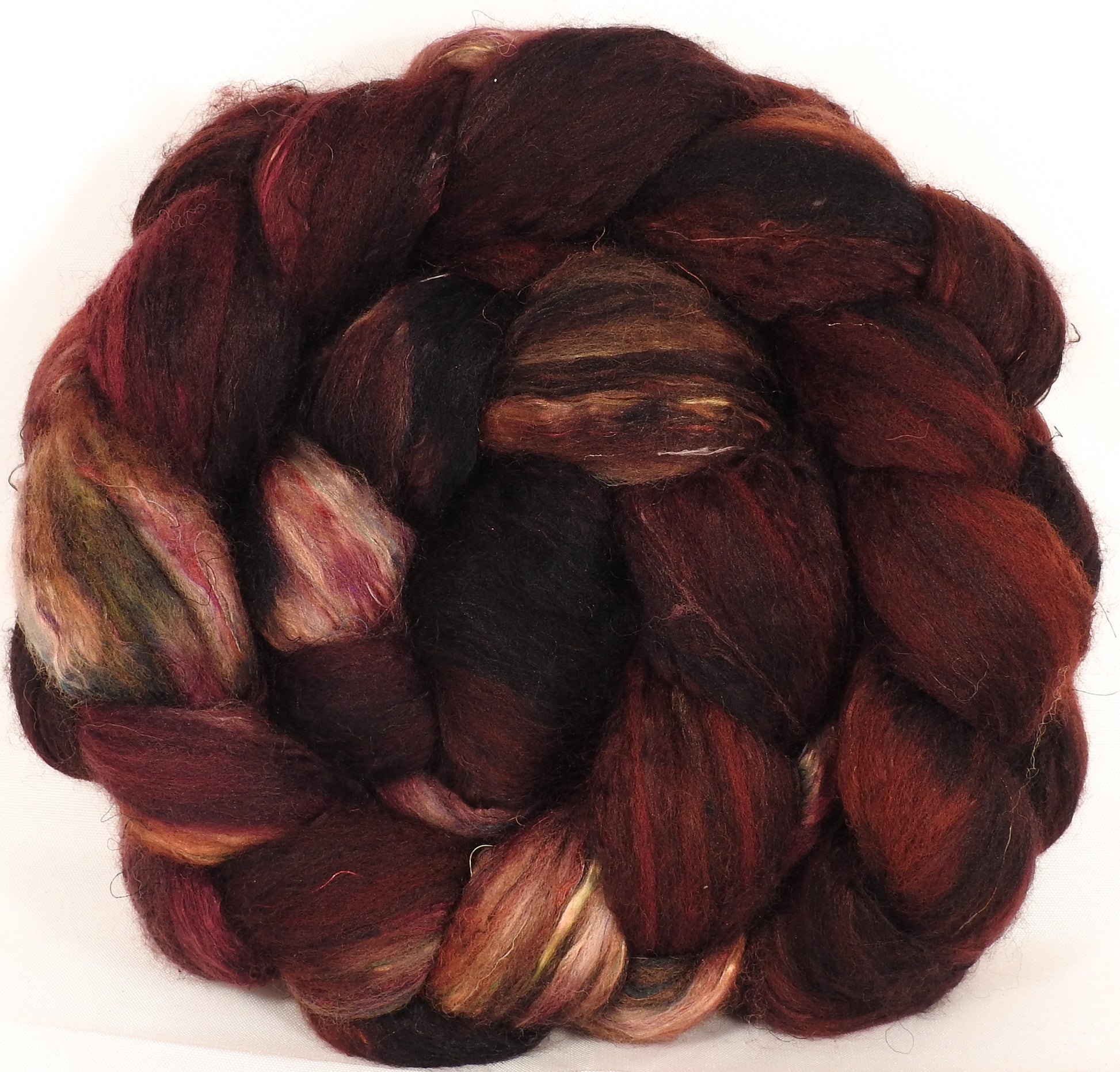Batt in a Braid #39-SARI- 17 -(4.6 oz.)Falkland Merino/ Mulberry Silk / Sari Silk (50/25/25) - Inglenook Fibers