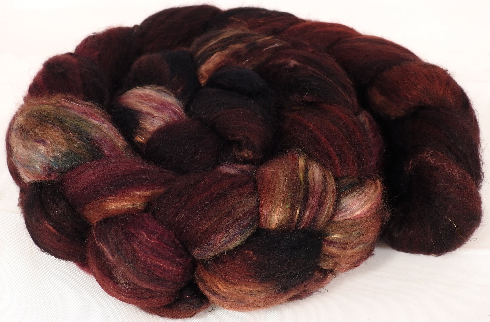 Batt in a Braid #39-SARI- 17 -(4.6 oz.)Falkland Merino/ Mulberry Silk / Sari Silk (50/25/25) - Inglenook Fibers