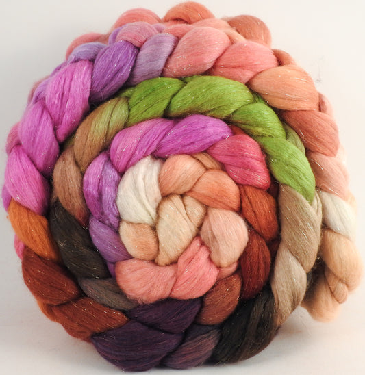 Batt in a Braid #48 -Dwarf Kingfisher A -(5.2 oz.) Superfine Merino/ Mulberry silk/ Camel/ Gold Stellina (55/25/15/5)
