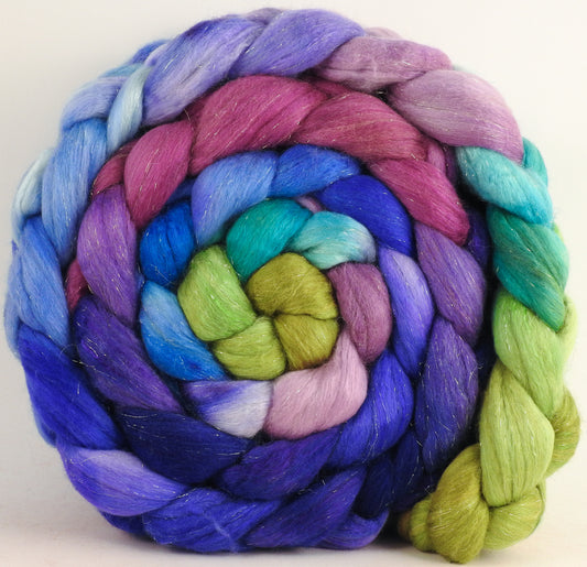 Batt in a Braid #48 -Larkspur-(5.3 oz.) Superfine Merino/ Mulberry silk/ Camel/ Gold Stellina (55/25/15/5)