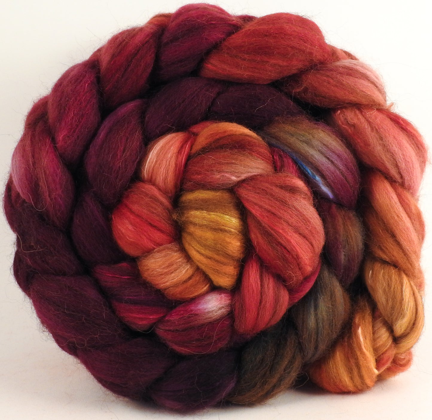 Hand dyed top for spinning -Cherry Medley (5.5 oz.) 18.5 mic merino/ camel/ brown alpaca/ mulberry silk/ (40/20/20/20)