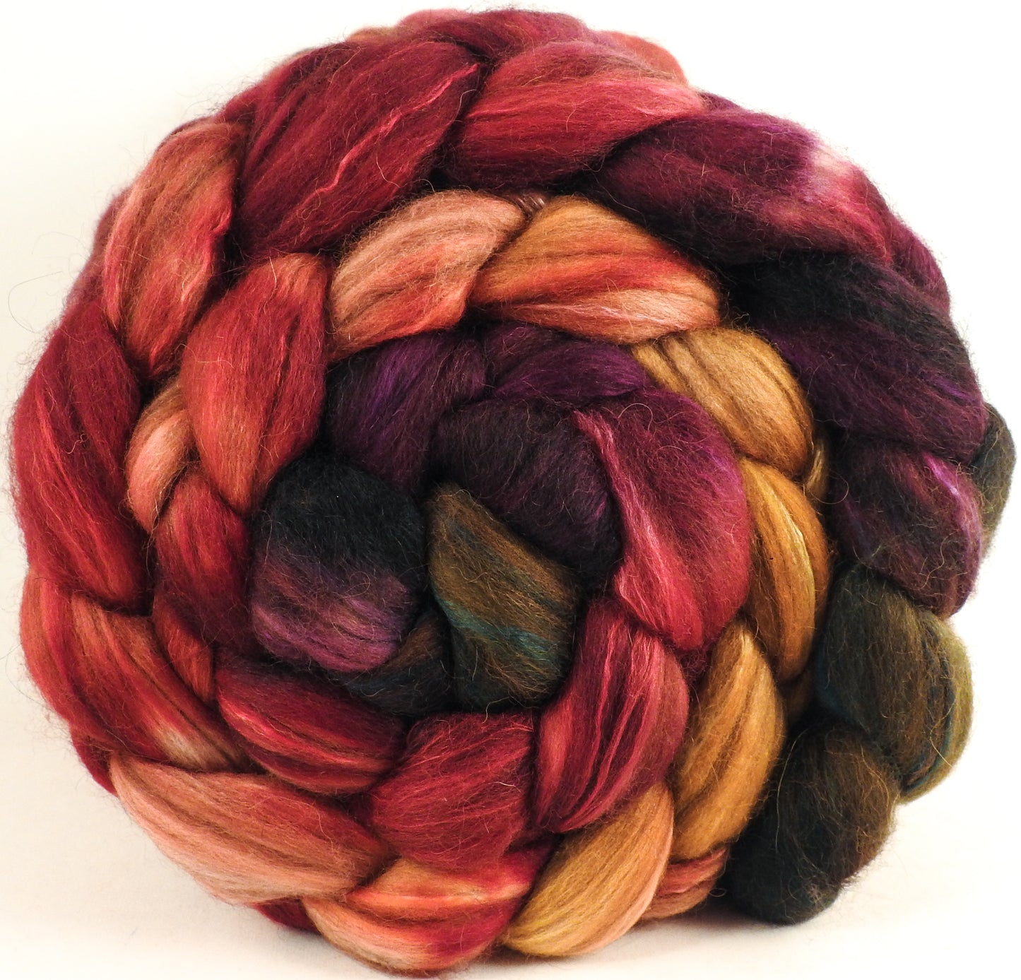 Hand dyed top for spinning -Cherry Medley (5.5 oz.) 18.5 mic merino/ camel/ brown alpaca/ mulberry silk/ (40/20/20/20)