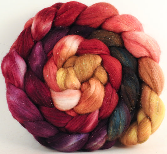 Batt in a Braid #48 -Cherry Medley -(4.3 oz.) Superfine Merino/ Mulberry silk/ Camel/ Gold Stellina (55/25/15/5)