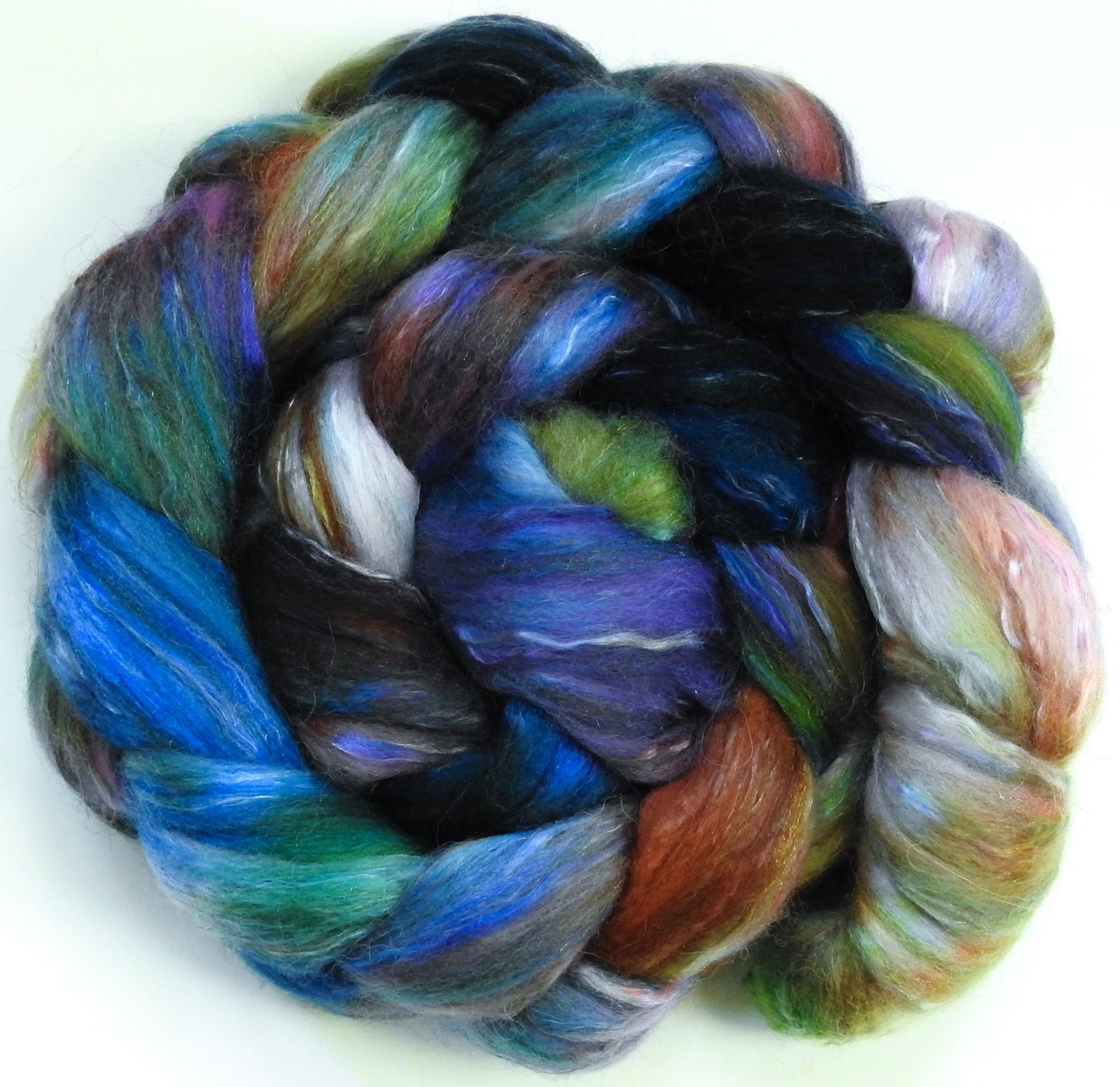 Mind Palace- Batt in a Braid #31- (5.7 oz. ) Polwarth/ Mulberry Silk / Baby Alpaca / Rainbow Firestar/ Tencel( 40/25/15/10/10)