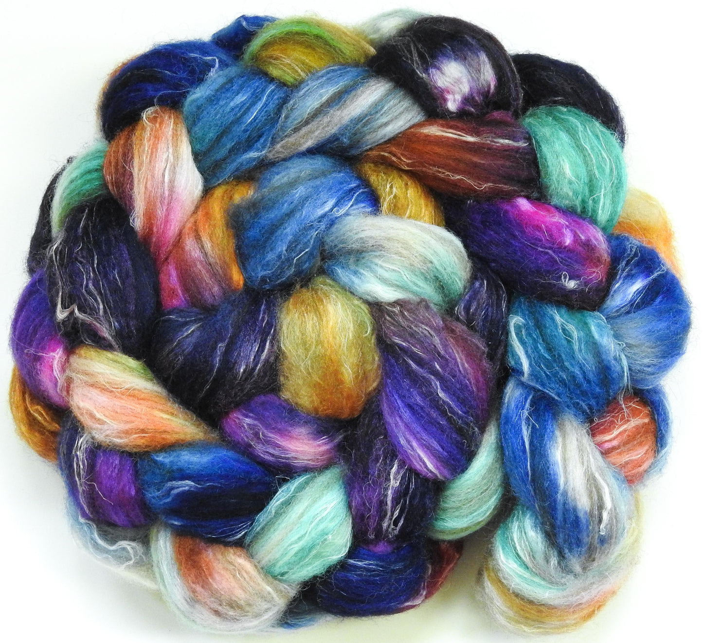 Tie Dye (5.6 oz) - Batt in a Braid #32 - Manx Loaghtan/ Wht Bfl / Tussah Silk/ Flax( 30/30/30/10)