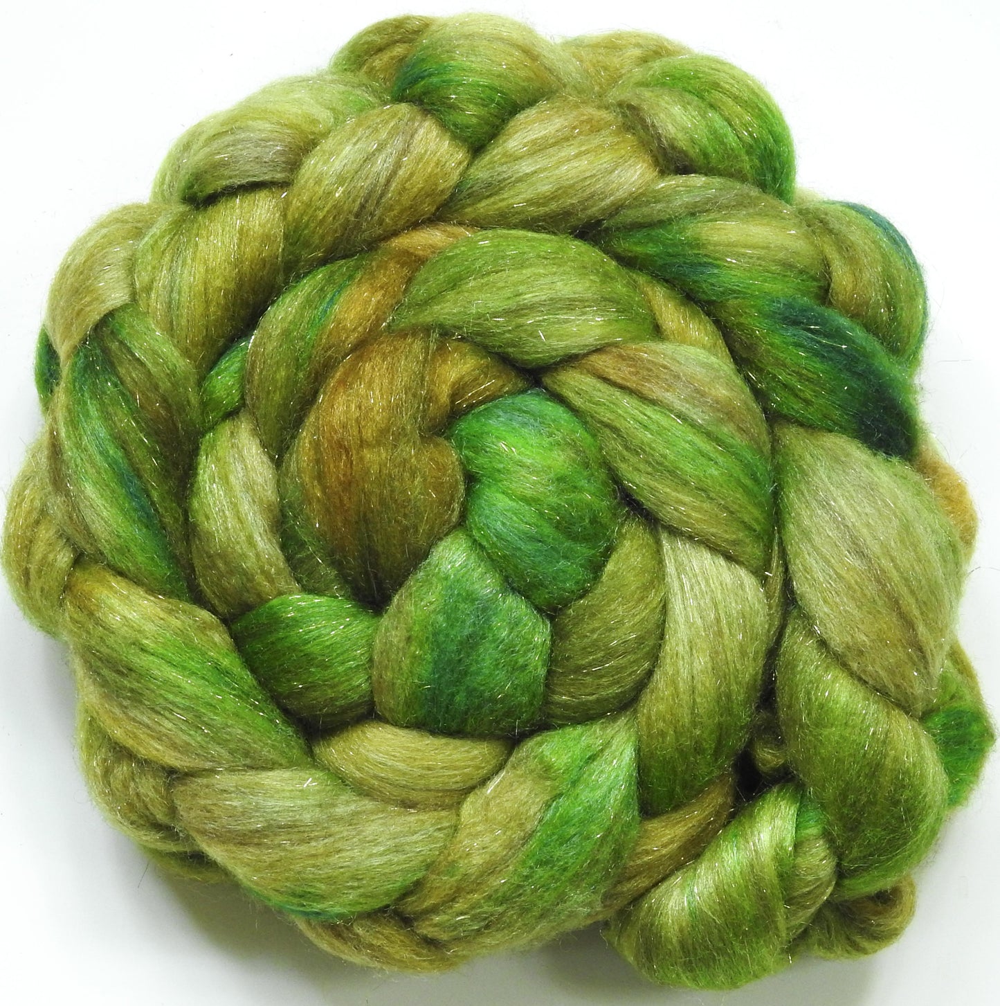 Lime Rickey - Glazed Solid- (5.3 oz) Batt in a Braid #53- YAK/ Tussah silk/ Superfine Merino/Gold Stellina(30/30/30/10)