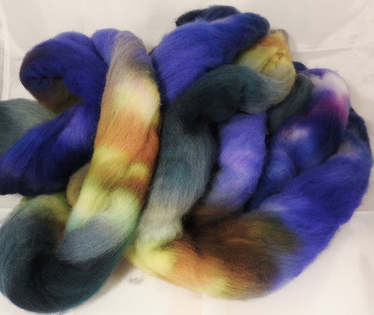 Hand dyed top for spinning -Blue Suede Shoes - (5.3 oz.) Organic polwarth - Inglenook Fibers