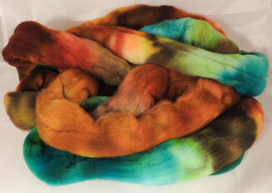 Hand dyed top for spinning -Copper Penny- (5.5 oz.) Organic polwarth - Inglenook Fibers