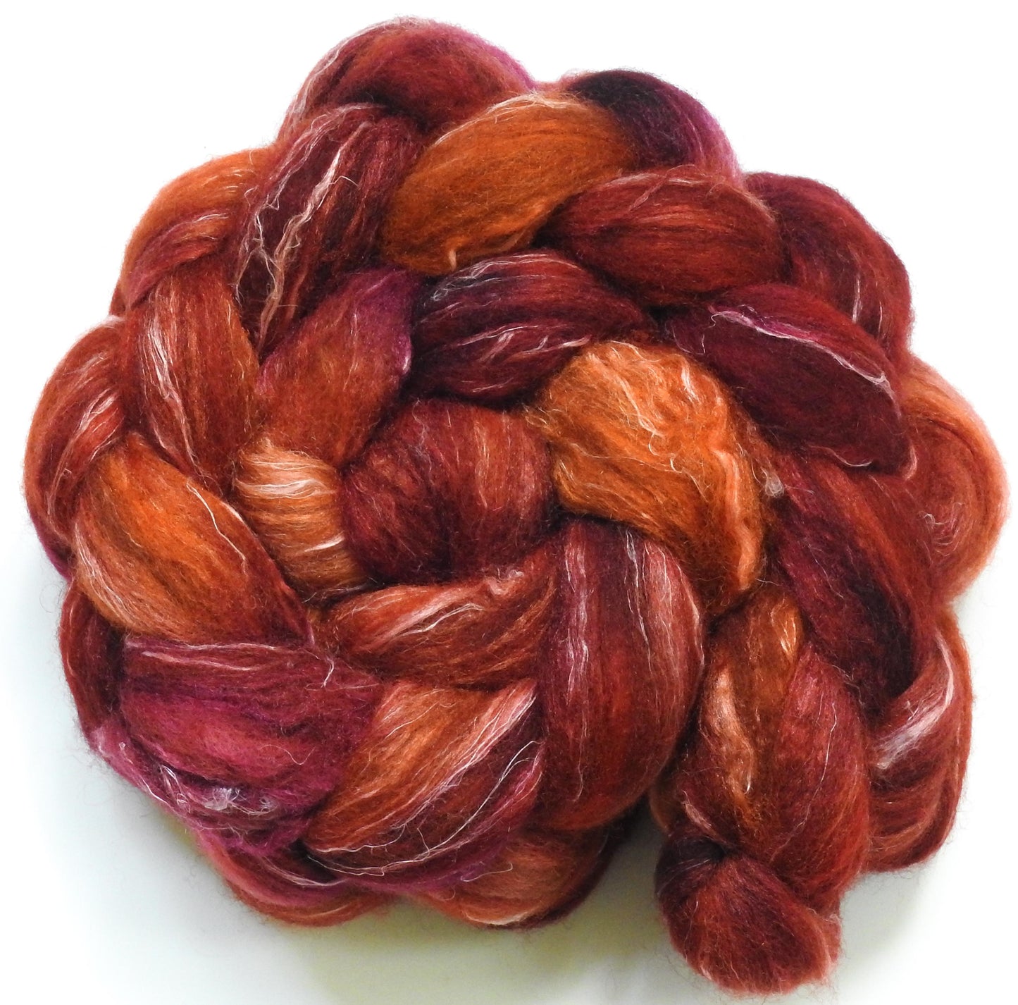 Carnelian (5 oz) -Glazed Solid - Batt in a Braid #32- Manx Loaghtan/ Wht Bfl / Tussah Silk/ Flax( 30/30/30/10)