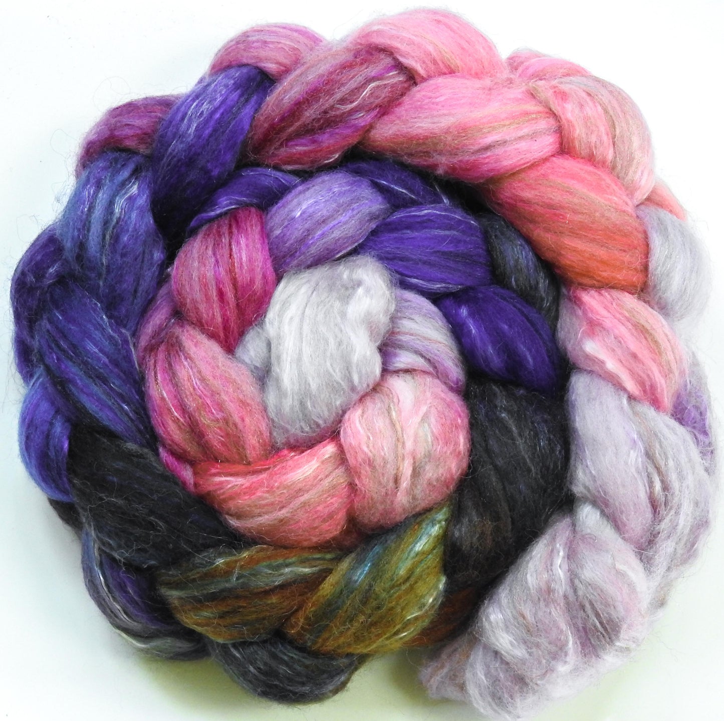 Cherry Blossoms @ Night - Batt in a Braid #31 -(5.7 oz. ) Polwarth/ Mulberry Silk / Baby Alpaca / Rainbow Firestar/ Tencel( 40/25/15/10/10)