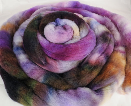 Hand dyed top for spinning -Wisteria- (5.2 oz.) Organic polwarth - Inglenook Fibers