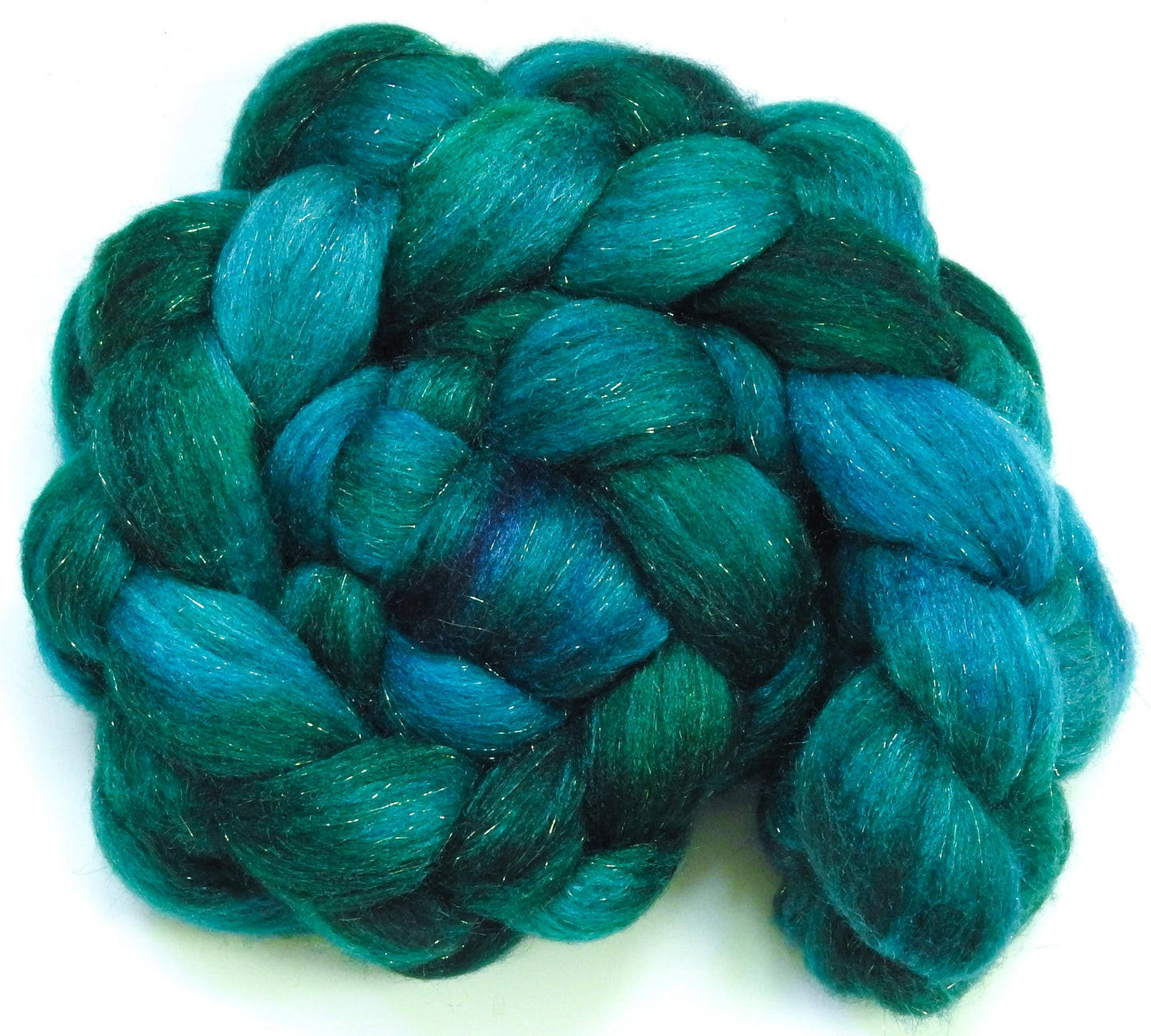 Neptune -Glazed Solid- Batt in a Braid #53- YAK/ Tussah silk/ Superfine Merino/Gold Stellina(30/30/30/10)