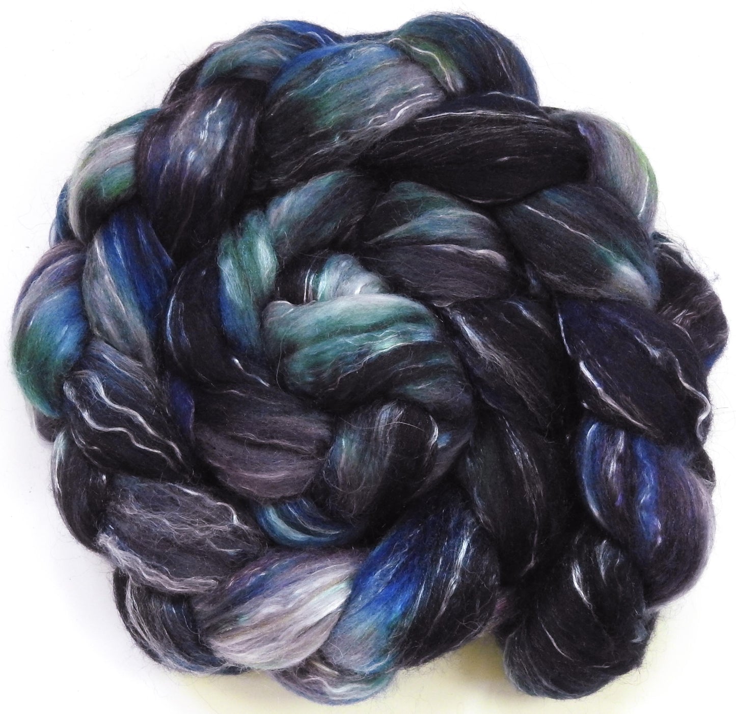 Stave Church - Batt in a Braid #31 -(5.8 oz. ) Polwarth/ Mulberry Silk / Baby Alpaca / Rainbow Firestar/ Tencel( 40/25/15/10/10)