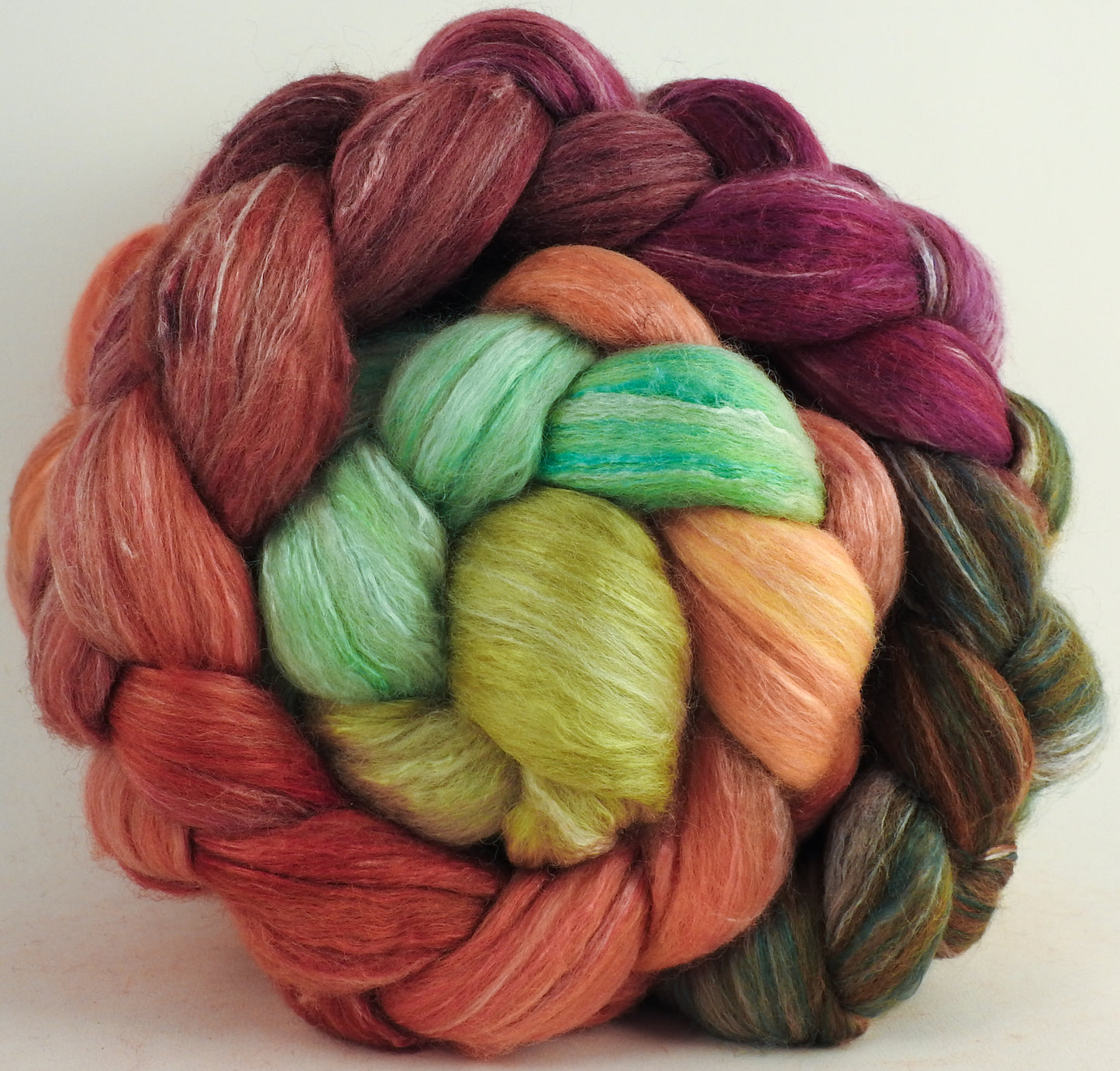 Batt in a Braid #45 - Icelandic Poppies (6.1 oz.) - Corriedale/Mulberry Silk/Rose Fiber (60/20/20)