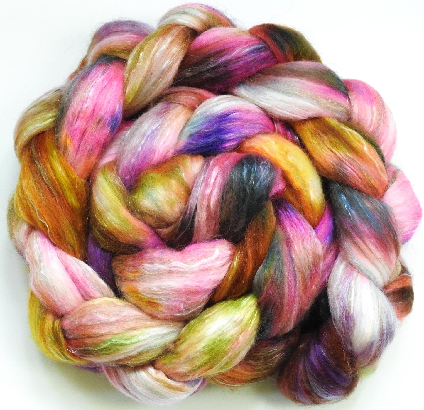 Sunbonnet- Fusion Series- Batt in a Braid #31- ( 5.8 oz. ) - Polwarth/ Mulberry Silk / Baby Alpaca / Rainbow Firestar/ Tencel( 40/25/15/10/10)