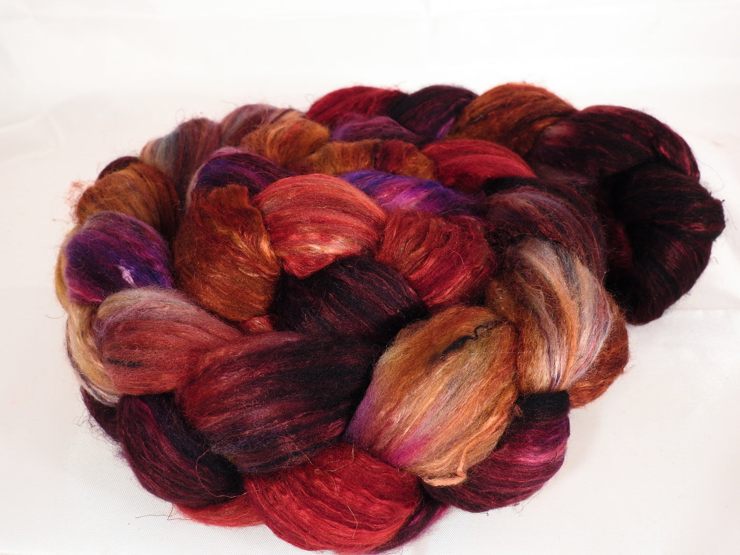 Batt in a Braid #39-SARI- 1 -(5.2 oz.)Falkland Merino/ Mulberry Silk / Sari Silk (50/25/25) - Inglenook Fibers