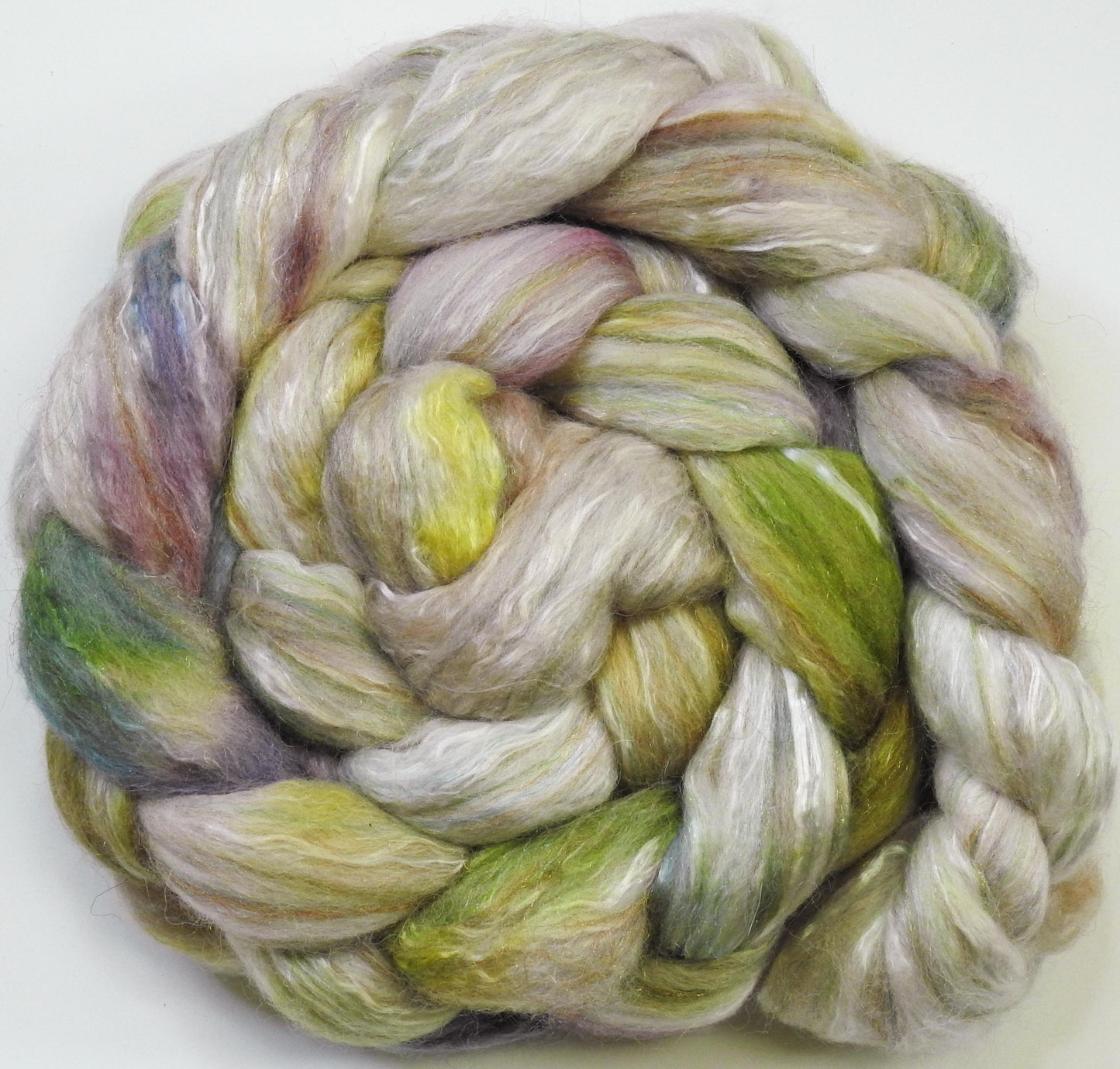 Sweet Woodruff (5.9 oz.) -Glazed Solid -Batt in a Braid #31- Polwarth/ Mulberry Silk / Baby Alpaca / Rainbow Firestar/ Tencel( 40/25/15/10/10)