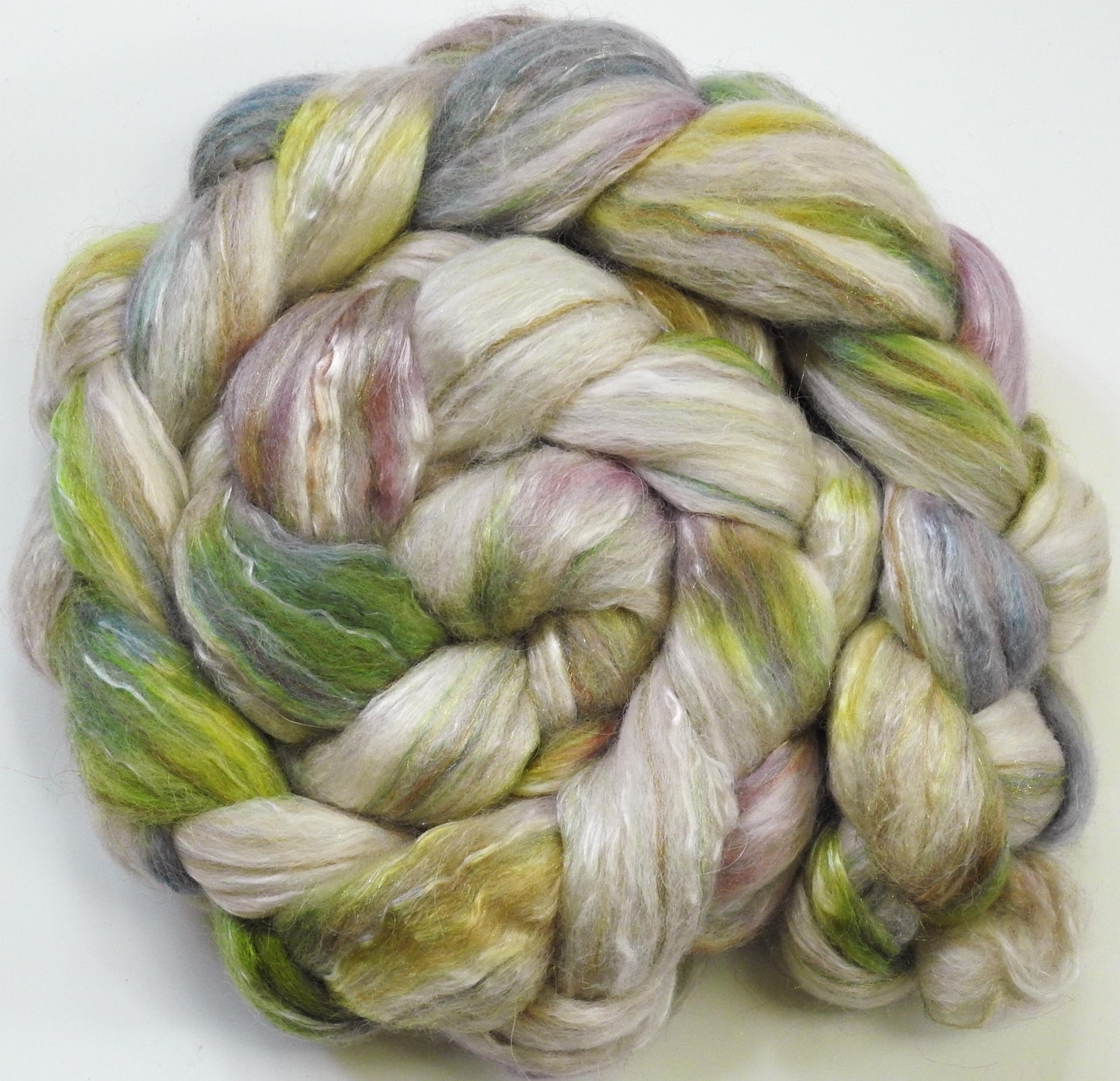 Sweet Woodruff (5.9 oz.) -Glazed Solid -Batt in a Braid #31- Polwarth/ Mulberry Silk / Baby Alpaca / Rainbow Firestar/ Tencel( 40/25/15/10/10)