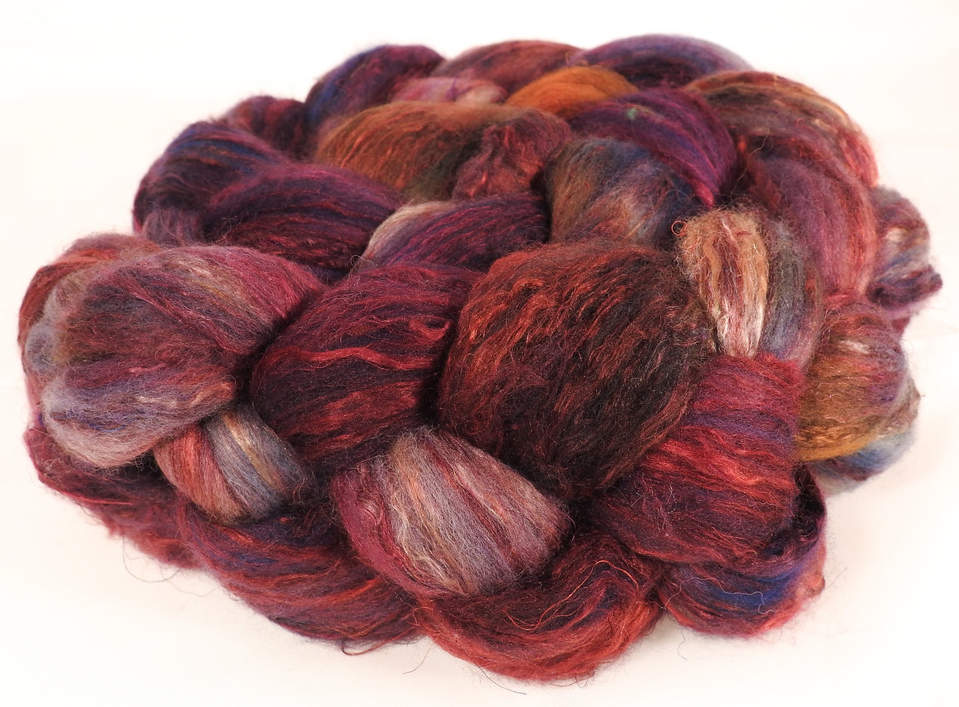 Batt in a Braid #39-SARI-18-(5.45 oz.)Falkland Merino/ Mulberry Silk / Sari Silk (50/25/25) - Inglenook Fibers