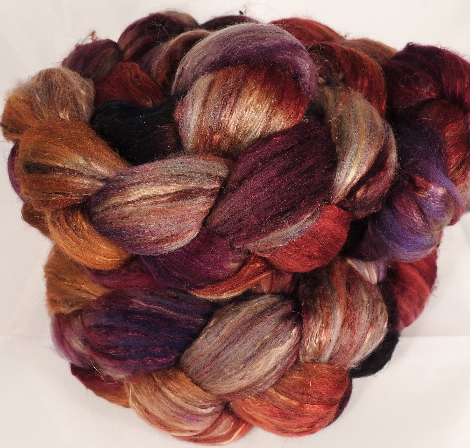 Batt in a Braid #39-SARI-28-(4.6 oz.)Falkland Merino/ Mulberry Silk / Sari Silk (50/25/25) - Inglenook Fibers
