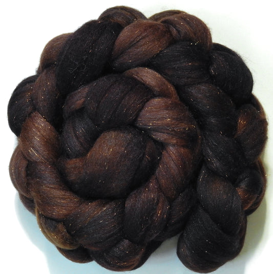Dark Chocolate-(5.6 oz)  Batt in a Braid #58-Superfine Merino/ Tussah silk/ Gold Stellina(65/25/10)